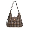 Mochila hobo retro de cuadros con ribete de cuero marrón y hebilla dorada - Marrón