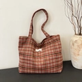 Classic plaid tote bag in orange and blue tones with a white woven brand label - Red