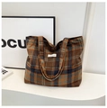 Brown plaid oversized tote bag made of thick flannel with a magnetic snap button - Khaki