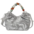 Bolso tote plateado plisado con asa de cuentas de resina y correa de hombro extraíble - Plateado