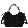 Bolso tote plisado negro con asa de perlas de colores y correa ajustable para hombro - Negro