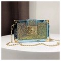 Pochette boîte bleu métallisé à paillettes avec chaîne dorée et coque rigide - Bleu