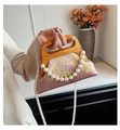 Pink and gold woven crossbody bag with wooden handle and elegant pearl chain strap - Pink