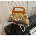 Chic grey handbag with gold leaf texture, wooden handle and beaded strap in variant style - Gray