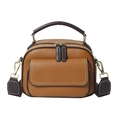 Minimalist tan brown faux leather crossbody handbag with dual zip compartments and gold hardware - Yellow