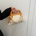 White and gold crossbody bag with wooden handle and large pearl beaded strap detail - White