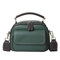 Retro dark green pebbled leather handbag with brown handles and white contrast stitching - Green