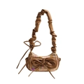 Quilted check shoulder bag with brown bow and pleated strap in yellow and pink - Yellow Plaid Patchwork (With Purple Heart Pendant) / Yellow