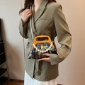Navy blue crossbody bag with gold splatter texture, wooden handle, and pearl strap - Blue