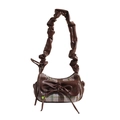 Deep brown quilted shoulder bag with plaid pattern, bow accent and ruffled cloud strap - Coffee Plaid Patchwork (With Green Heart Pendant) / Brown