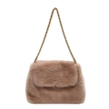 Pluche crossbodytas van imitatiebont in licht kaki met goudkleurige kettingriem - Khaki