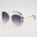 Retro oversized metal sunglasses with purple gradient lenses shown at a 45-degree angle - Gold Frame Gradient Gray Lens