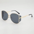 Retro oversized metal sunglasses with side shields and golden frames for women - Gold Frame Grey Lens
