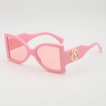 Pink oversized sunglasses with gold S-logo temple and UV protection lens on white background - Light Pink Frame Pink Lens