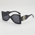 Chic black oversized square sunglasses with gold circular letter hardware on temples - Black Frame Grey Lens