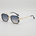 Retro polygonal sunglasses with black frame, blue-orange gradient lenses, and gold temples - Black Gold Frame Blue Yellow Gradient Lens