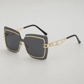 Oversized square sunglasses with dark grey lenses and hollowed-out golden geometric temples - UV400 Protection / Gold Frame Grey Lens