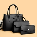 Juego de tres bolsos de cuero negro con bolso de mano y bandolera de moda - Set de 3 piezas / Negro