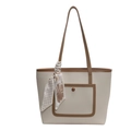 Beige faux leather tote bag with brown trim and geometric patterned silk scarf - Off White