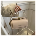 Beige leather box crossbody bag with gold scallop buckle and top handle strap - Khaki