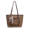 Khaki and brown tote bag with premium leather texture and a decorative floral silk scarf - Khaki
