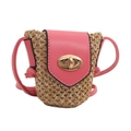 Mini borsa a tracolla in paglia con patta in pelle PU rosa e chiusura a girello oro - Rosa