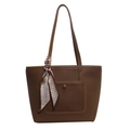 Brown litchi leather tote bag with elegant cream scarf detail and snap pocket - Brown