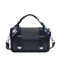 Dark blue woven shoulder bag with vintage silver buckles and silk scarf handle decor - Blue