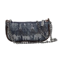 Blauwe denim onderarmtas met zilveren pailletten, bruin leer en een metalen ketting - Donkerblauw