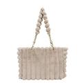 Borsa tote a righe in finta pelliccia beige con catena dorata e manico a pompon - Cachi
