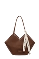 Deep brown tote bag with wavy texture, thin shoulder strap and printed ribbon detail - Coffee