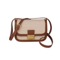 Retro canvas and leather patchwork shoulder bag with gold metal buckle on white background - Dark Brown