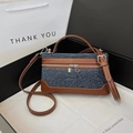 Retro denim handtas met bruine lederen bies en contraststiksel voor dames - Donkerblauw
