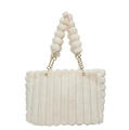 Chic beige striped plush shoulder bag with elegant faux fur pompom chain handle - Off White