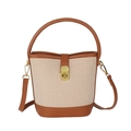 Bolso tipo cubo en lona beige y cuero marrón con cierre de broche giratorio - Marrón