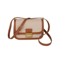 Retro contrast beige woven and brown leather crossbody bag with golden buckle - Brown