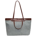 Bolso tote grande de lona azul con ribetes de cuero marrón y asas dobles en blanco - Gris Azul Patchwork Marrón Oscuro (Café)
