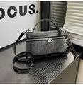 Retro denim grijze tweed crossbody tas met zwarte leren bies en contraststiksels - Zwart