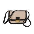 Minimalist cream canvas shoulder bag with black leather trim and gold metal buckle - Black