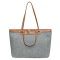 Bolso tote grande retro en tela vaquera azul con asas de cuero marrón y costuras en contraste - Azul Patchwork Marrón (Marrón)