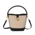 Minimalist bucket bag in beige canvas and black leather stitching with gold hardware - Black