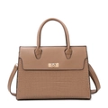 Khaki lychee and crocodile pattern tote bag with gold metal lock and dual handles - Khaki