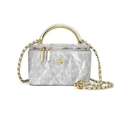 Silver quilted mini handbag with gold metal handle and chain strap for women - Light Gray