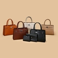 Retro oversized tote set with crocodile texture and buckle closure in multiple colors - Tan