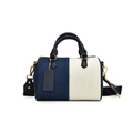 Borsa a mano Boston in denim blu e tela beige con manici in pelle e dettagli dorati - Bianco e Blu