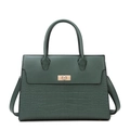 Dark green tote bag with crocodile texture, gold clasp and top handle for women - Green