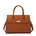 Brown lychee pattern tote bag with smooth leather stitching and gold metal lock - Brown