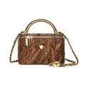 Deep brown quilted handbag with silk texture fabric and golden flower emblem - Coffee