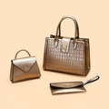 Three-piece retro bronze crocodile embossed tote bag set with H-shaped metal buckle - Champagne