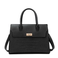 Black litchi pattern tote bag in smooth leather with crocodile texture and gold lock - Black